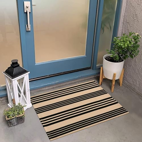 Tiveney 2 x 3 Front Door Mat Outdoor Entrance Entryway Rug Black Khaki Layered Doormats