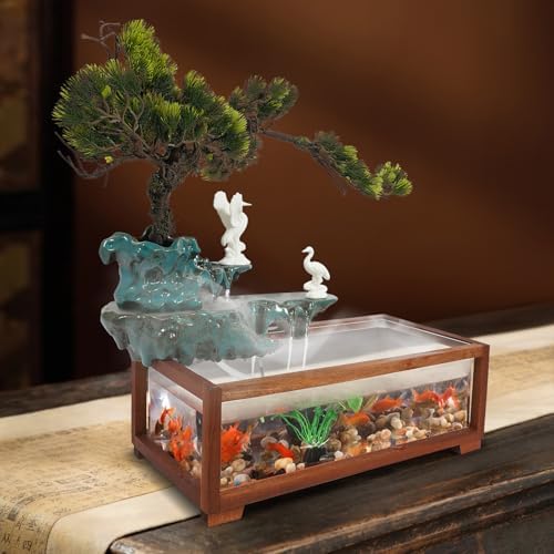 Porkke Spreading Fish Tank Flowing Ornament Desktop Fountain with LED Light and Atomizer for Home Office Decor