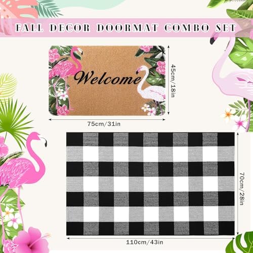 Flamingo Doormat and Plaid Rug Set for Front Porch