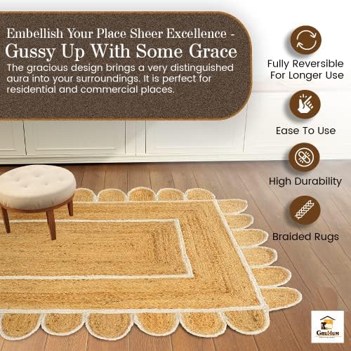 GRUHUM Scalloped Jute Rug 2x3 ft Natural White Trim Rectangular