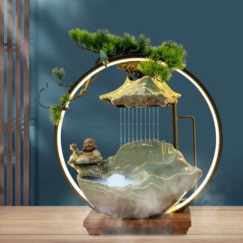 Tabletop Buddha Water Fountain with LED Light and Zen Decor