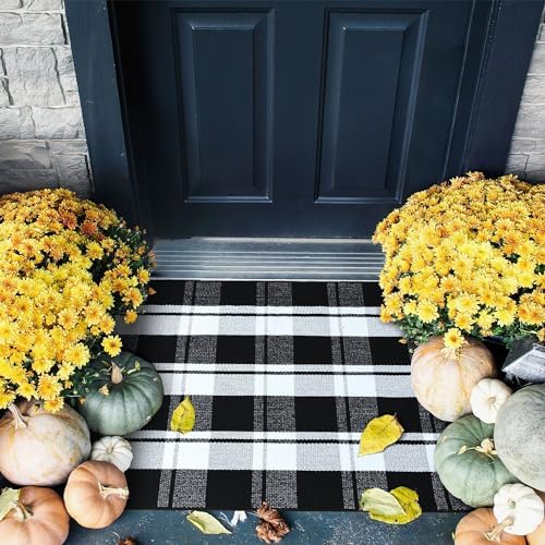 Ompaa Black and White Plaid Checkered Area Rug 236x354 Hand-Woven Cotton Buffalo Doormat for Indoor Outdoor Use