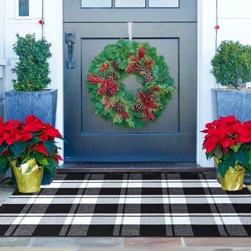 Ompaa Black and White Plaid Checkered Area Rug 236x354 Hand-Woven Cotton Buffalo Doormat for Indoor Outdoor Use