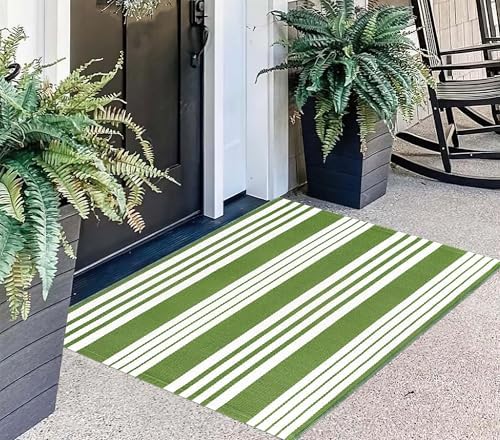 Green and White Striped Outdoor Rug 24x35 Door Mat Welcome Mat for Entryway