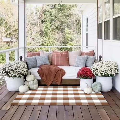 Homydecor Buffalo Plaid Outdoor Rug 28x43 Coffee and White Checkered Area Rug