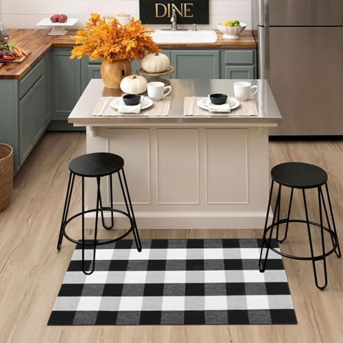 LEEVAN Buffalo Plaid Outdoor Rug 275x43 Inch Black and White Doormat for Entryway and Front Porch