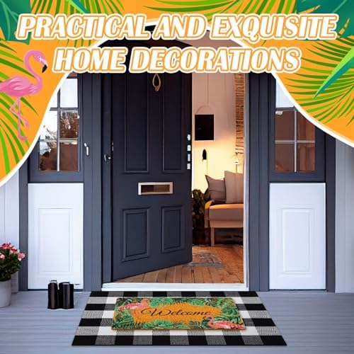 Geelin 2 Pcs Flamingo Door Mat Buffalo Plaid Rug Set