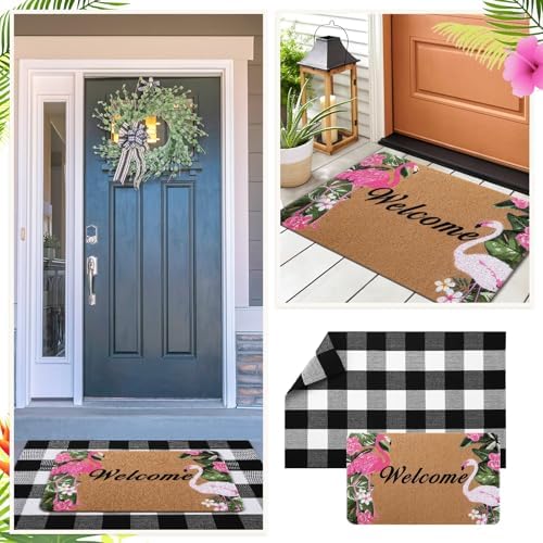 Flamingo Doormat and Plaid Rug Set for Front Porch