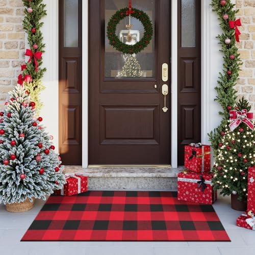 Sungea Christmas Door Mat 24x51 Red Black Buffalo Plaid Outdoor Rug