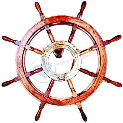 Nagina International Nautical Porthole Mirror Ship Wheel Decor