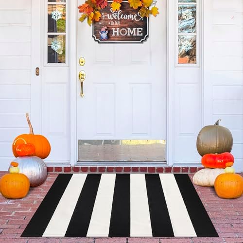 Black and White Striped Outdoor Rug 2x3 Cotton Woven