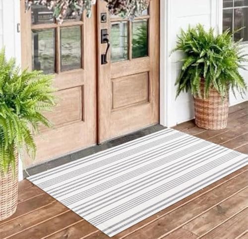 Striped Outdoor Rug for Porch 24x51 Grey White