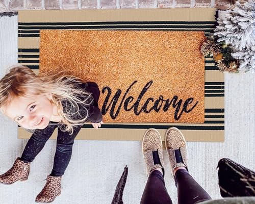 KOZYFLY Striped Front Door Mat 2x3 Ft Brown Black Cotton Washable Indoor Outdoor Rug