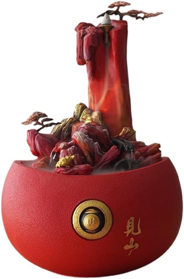 Red Tabletop Fountain with Sandstone Rockery Design