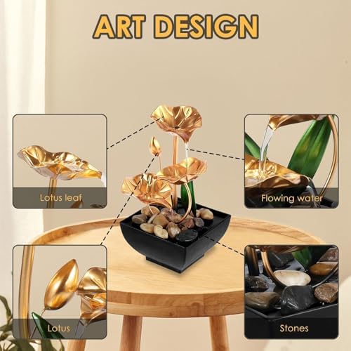 TRV Tabletop Fountain with Golden Flowers and River Rocks