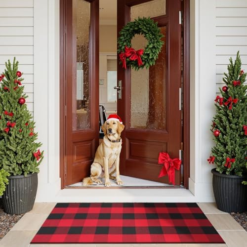 Sungea Christmas Door Mat 24x51 Red Black Buffalo Plaid Outdoor Rug