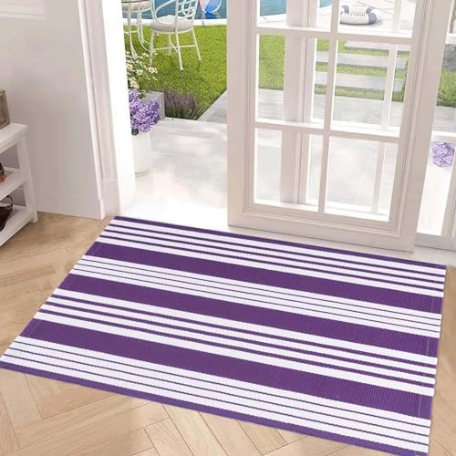 Purple and White Striped Outdoor Rug 24x51 Inch