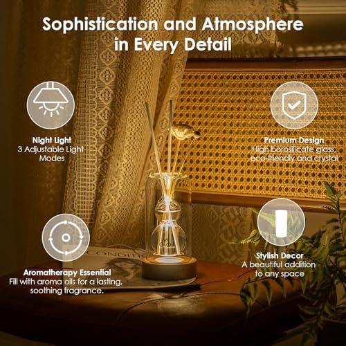 COMI Glass Reed Diffuser Bottle with 5 Sticks and Luminous Base