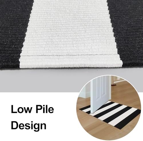 Black and White Striped Outdoor Rug 2x3 Cotton Woven