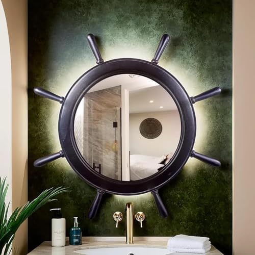 Nagina International 16 Inch Matte Black Ship Wheel Mirror