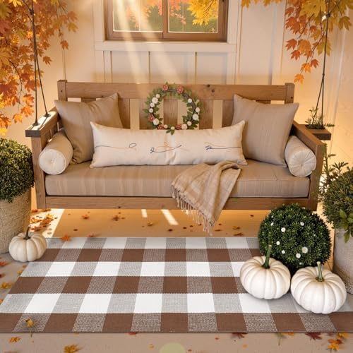 Uphome Buffalo Plaid Outdoor Rug 2x43 Brown Checkered Front Door Mat for Fall Decor