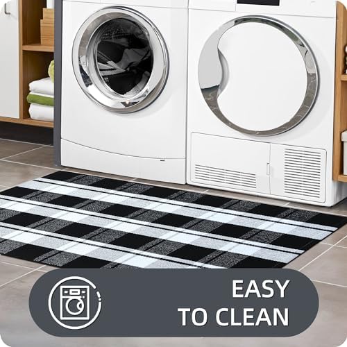 Ompaa Black and White Plaid Checkered Area Rug 236x354 Hand-Woven Cotton Buffalo Doormat for Indoor Outdoor Use