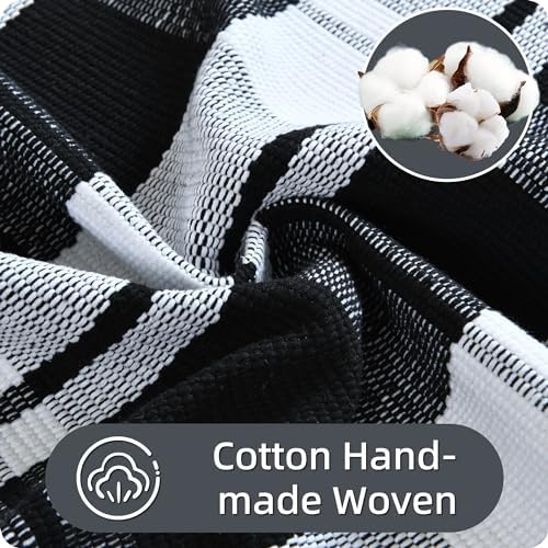 Ompaa Black and White Plaid Checkered Area Rug 236x354 Hand-Woven Cotton Buffalo Doormat for Indoor Outdoor Use