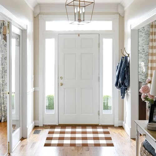 Homydecor Buffalo Plaid Outdoor Rug 28x43 Coffee and White Checkered Area Rug