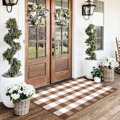 Homydecor Buffalo Plaid Outdoor Rug 28x43 Coffee and White Checkered Area Rug