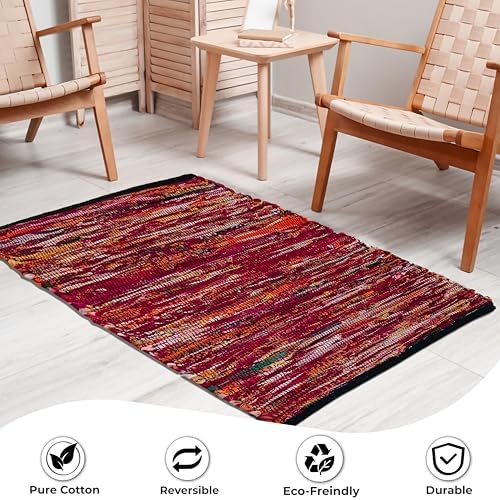 Ramanta Home Cotton Chindi Hand Woven Rug - 2x3 ft Multi Color Reversible Area Rug