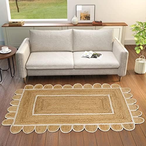 GRUHUM Scalloped Jute Rug 2x3 ft Natural White Trim Rectangular