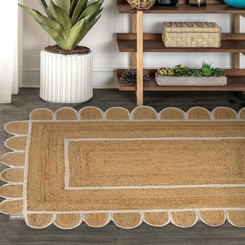 GRUHUM Scalloped Jute Rug 2x3 ft Natural White Trim Rectangular