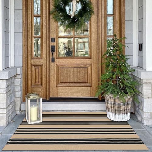 KOZYFLY Striped Front Door Mat 2x3 Ft Brown Black Cotton Washable Indoor Outdoor Rug
