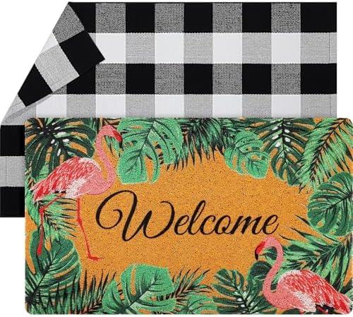 Geelin 2 Pcs Flamingo Door Mat Buffalo Plaid Rug Set