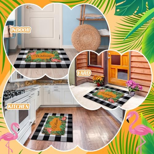 Geelin 2 Pcs Flamingo Door Mat Buffalo Plaid Rug Set