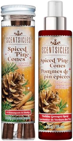 Scentsicles Spiced Pine Cones Scented Christmas Tree Ornaments - 1 Bottle 6 Sticks 1 Spray 4 Oz