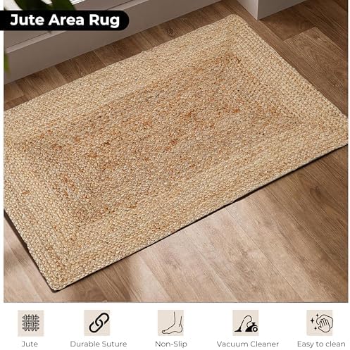 Jute Rug - Handwoven Natural Braided Reversible Rug for Living Room Kitchen Entryway Farmhouse Rustic Decor 24x36 Inch