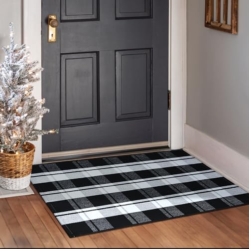 Ompaa Black and White Plaid Checkered Area Rug 236x354 Hand-Woven Cotton Buffalo Doormat for Indoor Outdoor Use