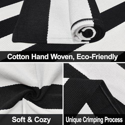 Black and White Striped Outdoor Rug 2x3 Cotton Woven