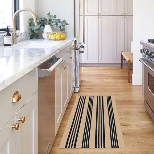 KOZYFLY Striped Front Door Mat 2x3 Ft Brown Black Cotton Washable Indoor Outdoor Rug