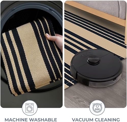 KOZYFLY Striped Front Door Mat 2x3 Ft Brown Black Cotton Washable Indoor Outdoor Rug