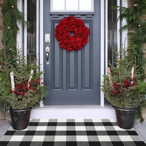 LEEVAN Buffalo Plaid Outdoor Rug 275x43 Inch Black and White Doormat for Entryway and Front Porch