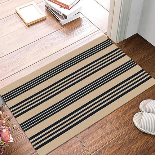 KOZYFLY Striped Front Door Mat 2x3 Ft Brown Black Cotton Washable Indoor Outdoor Rug
