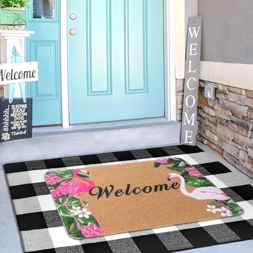 Flamingo Doormat and Plaid Rug Set for Front Porch
