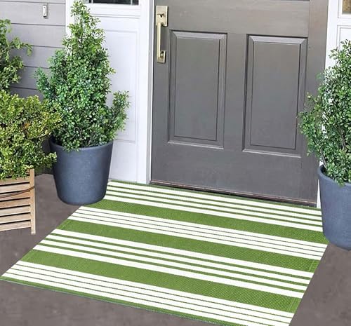 Green and White Striped Outdoor Rug 24x35 Door Mat Welcome Mat for Entryway