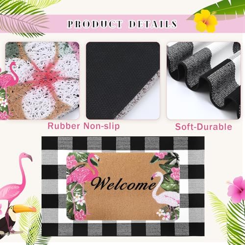 Flamingo Doormat and Plaid Rug Set for Front Porch