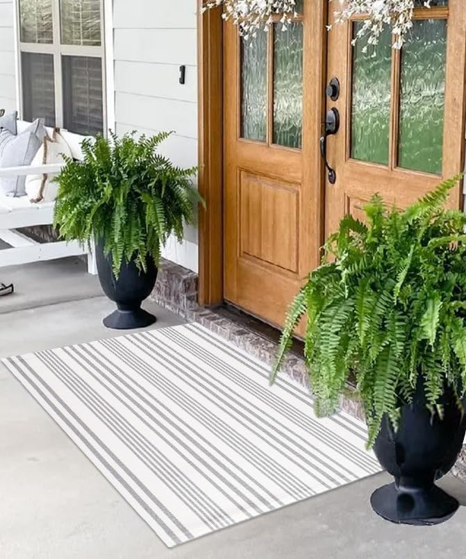 Striped Outdoor Rug for Porch 24x51 Grey White