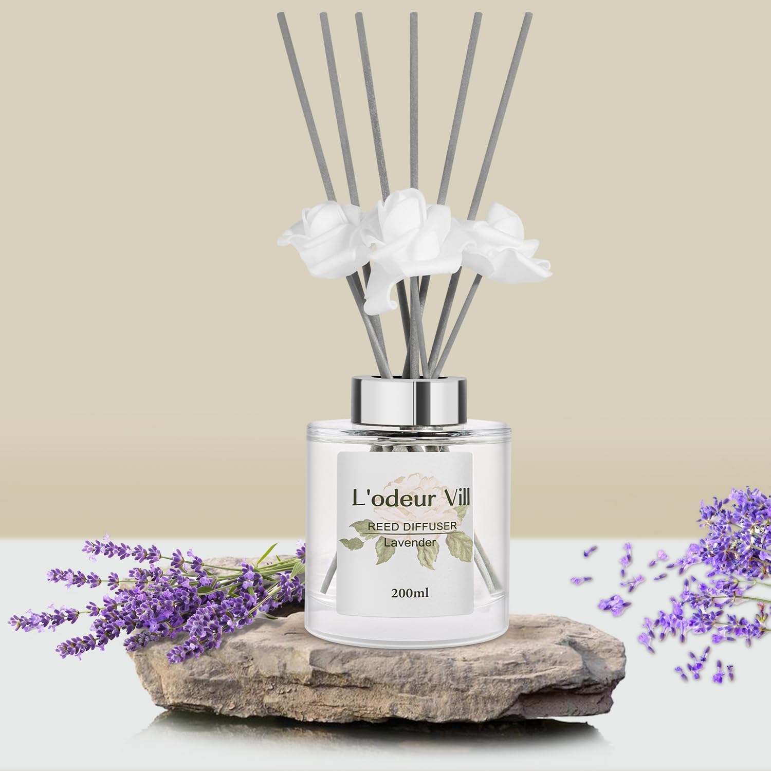 Lodeur Vill Reed Diffuser Set 67 oz Lavender Scented with 3 Artificial Roses