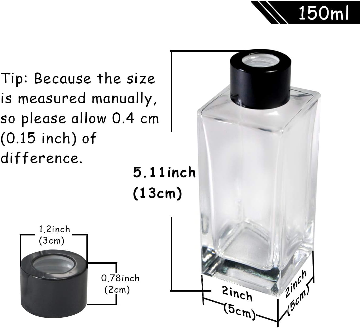 Set of 4 Rectangle Glass Reed Diffuser Bottles with Black Caps