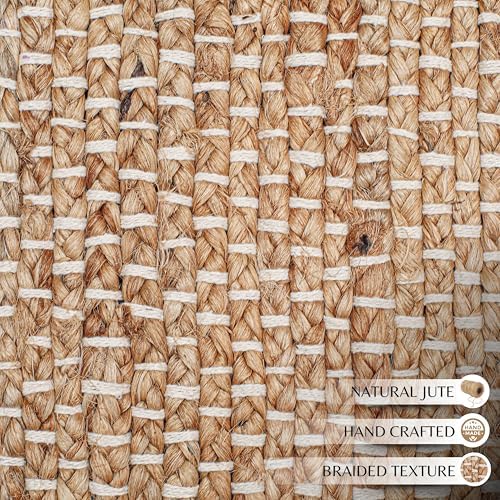 Hausattire Jute Woven Area Rug 3x5 - Natural Hand Braided Boho Rug for Living Room and Kitchen